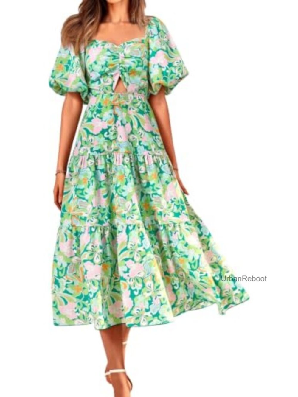 Smocked Boho Floral Maxi Dress Puff Sleeve Square Neck Cut Out Ruffle